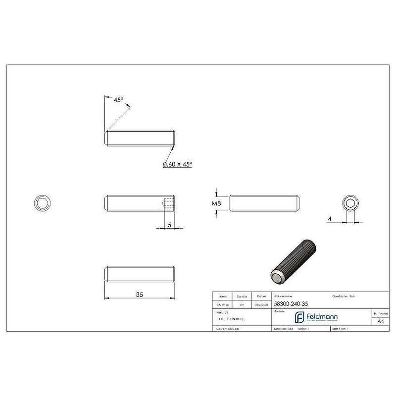 Gewindestift M8x35, V2A, DIN 913 / ISO 4026
