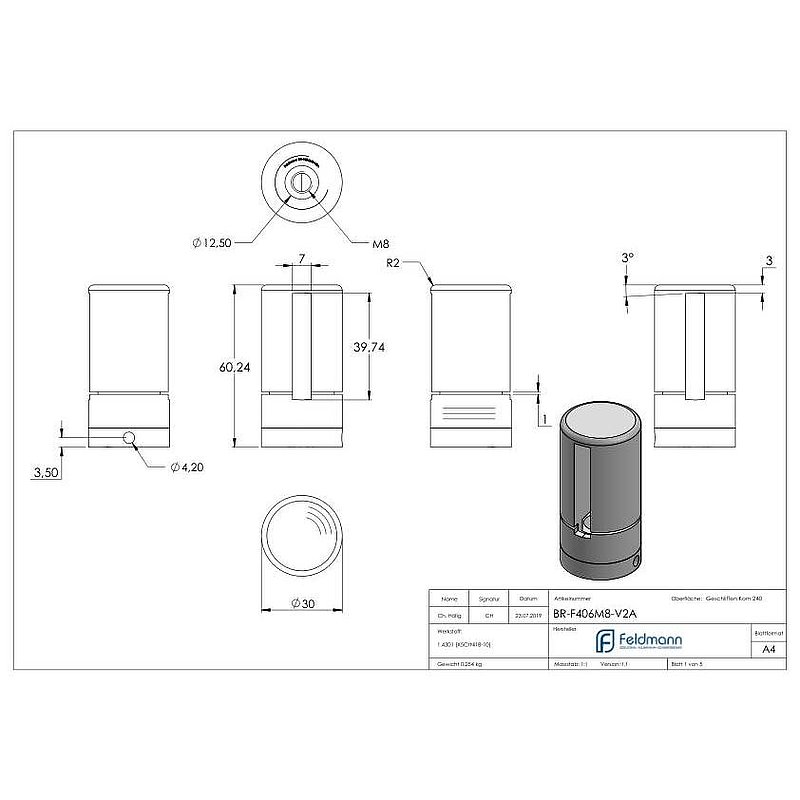 Brenk base holder for flat bars 40x6mm, AISI304
