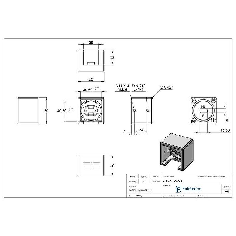 Wall mounting for 40x40mm square groove, left, AISI316