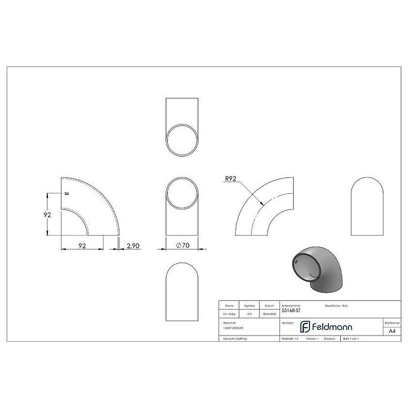 Schweißbogen 90° 70 x 2,9mm, Bauart 3
