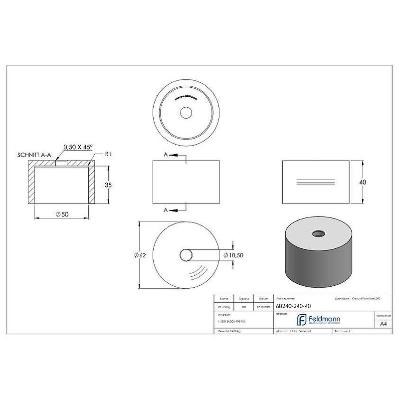 Partie inférieure pour point de fixation 62mm, ép.: 40mm, V2A