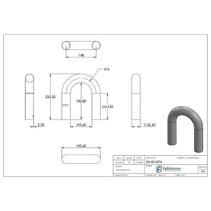 Rohrbogen 180°, aus Rohr 42,4x2,5mm, V2A
