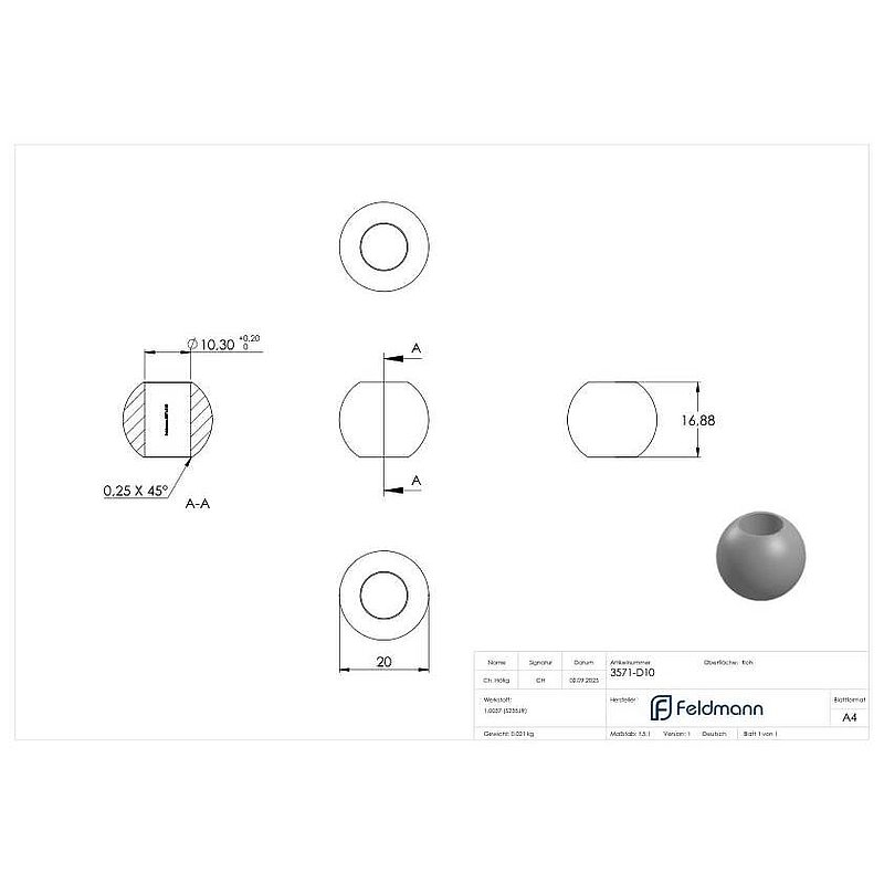 Boule pleine Ø20mm, avec trou traversant Ø10,3mm