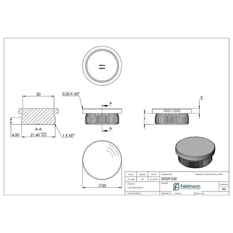 Rohrabschlussstopfen, für Rohr 25,0x2,0mm, V2A