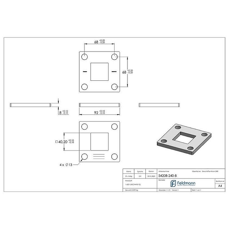 Anchor plate, 92x92x8mm, with longitudinal grinding, AISI304
