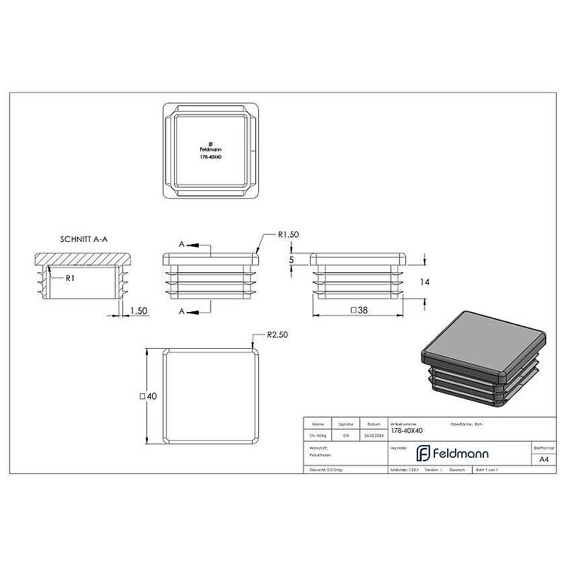 Kunststoffkappe für Quadratrohr 40x40mm
