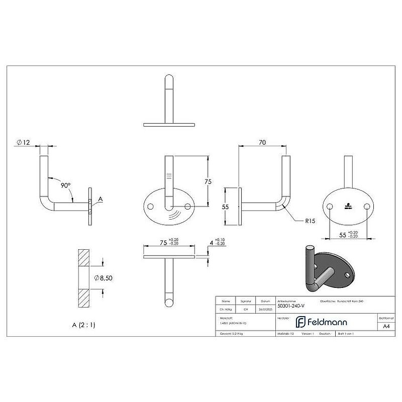 Handrail bracket for welding (round plate and bracket welded), AISI304