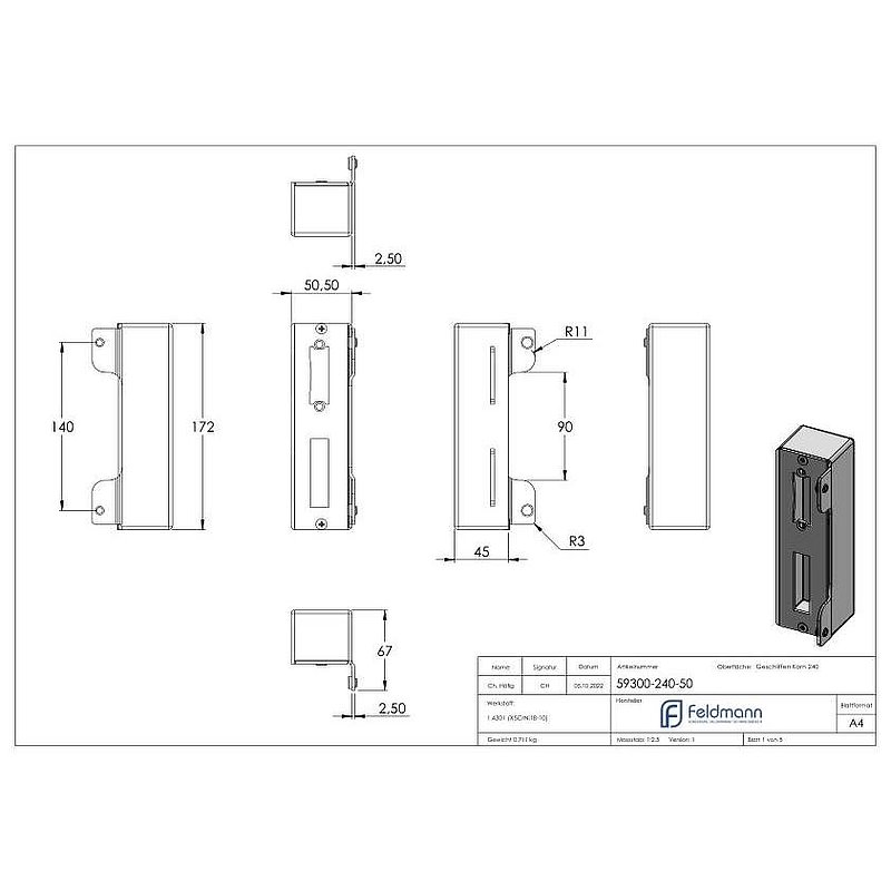 Stainless steel counter case, square, for 72mm spacing, for welding, 50mm, AISI304