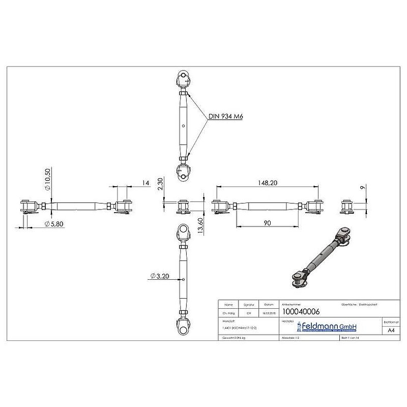 Wantenspanner Gabel/Gabel mit Gewinde M6, V4A
