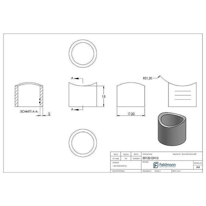 Distanzhülse, L: 15mm, für 42,4mm,V2A