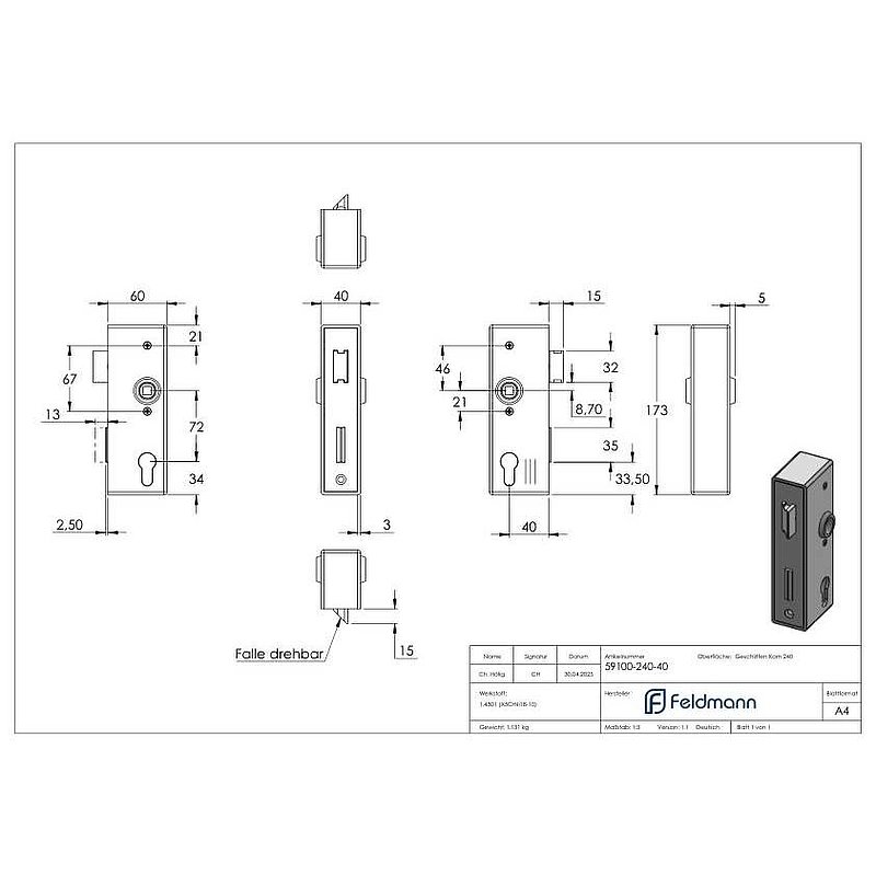 Stainless steel lock case with galvanised lock, dimensions: 40x60x173mm