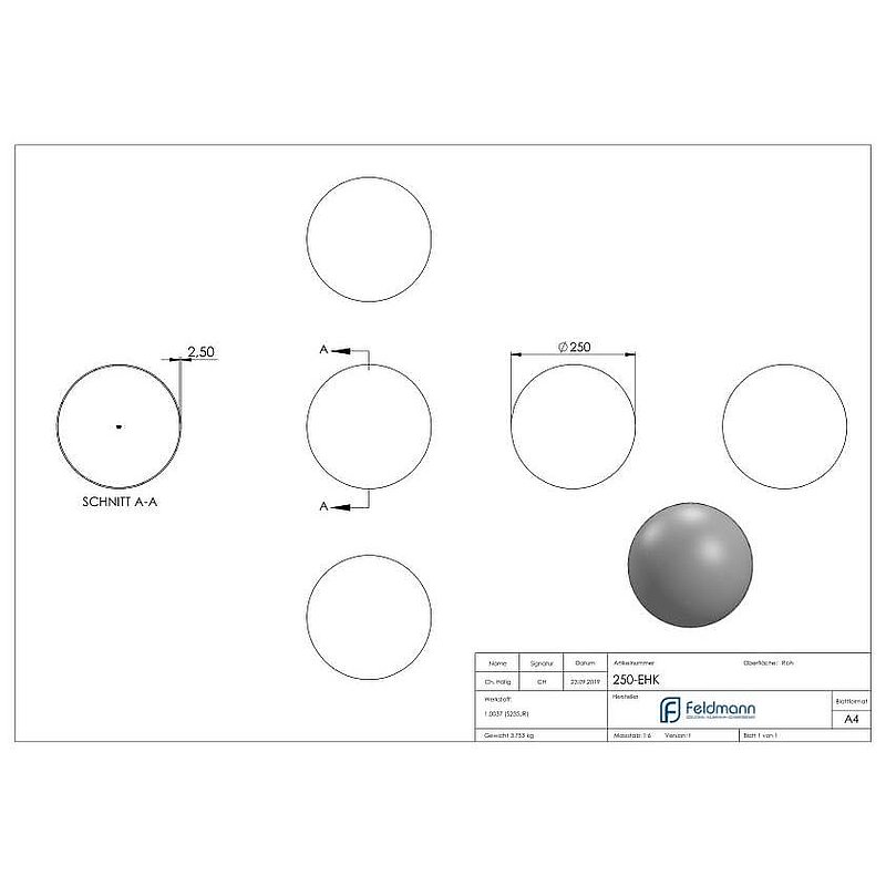 Eisenhohlkugel Ø 250x2,0 - 2,5mm