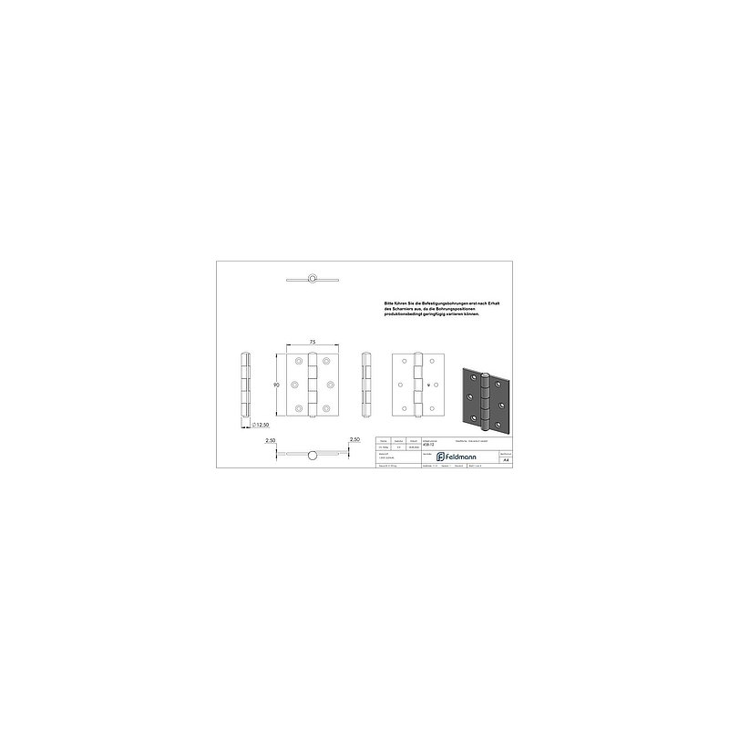 Scharnier 90x75mm mit herausnehmbaren Zapfen