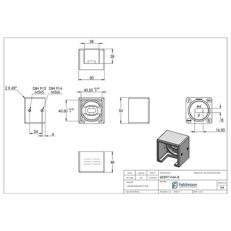 Wall mounting for 40x40mm square groove, right, AISI316