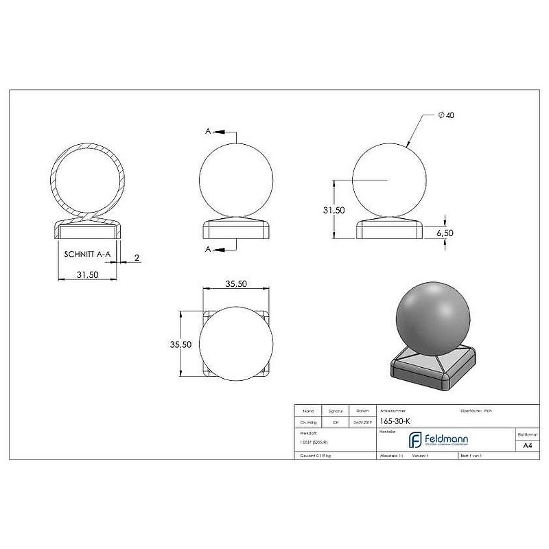Pillar cover 30x30mm with hollow ball Ø 40mm