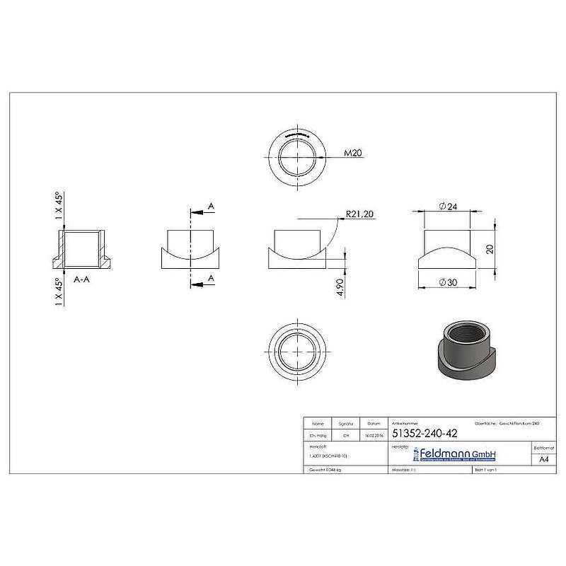 Douille taraudée, adapté au gond 120-M20-VA, pour tube Ø 42,4mm, V2A