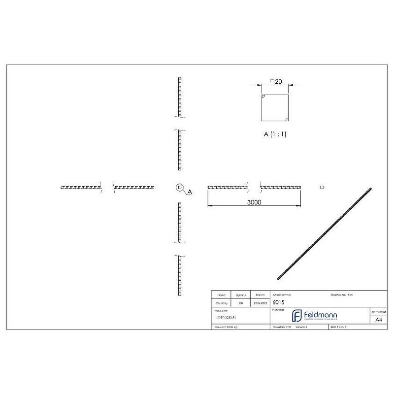 Vierkant S235JR, 20x20mm, L: 3000mm