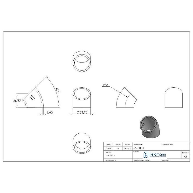 Schweißbogen 45°, 33,7x2,6mm