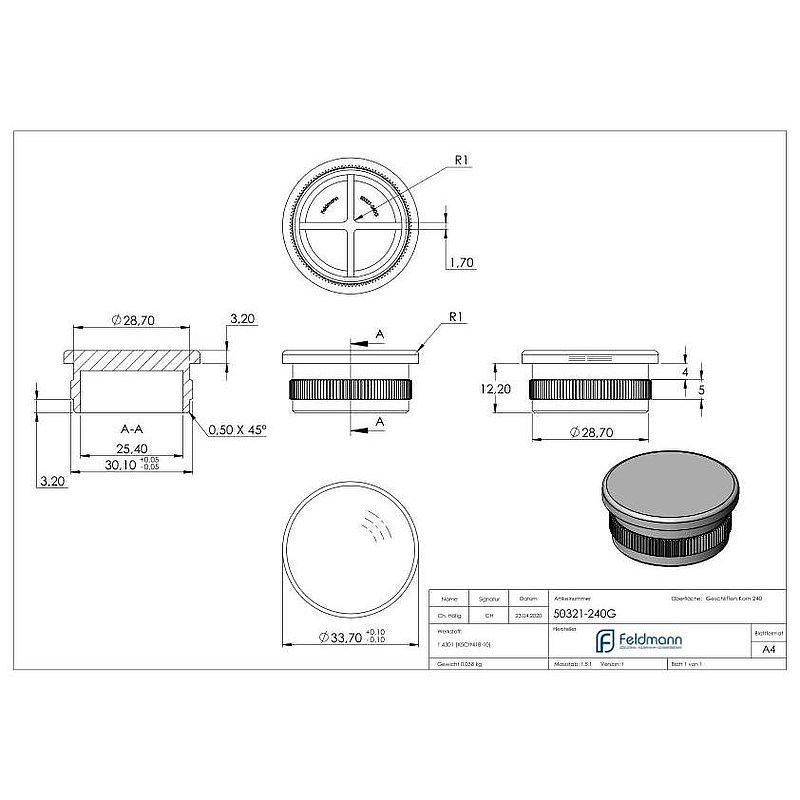 Tube end plug, for tube 33.7x2.0mm, AISI304