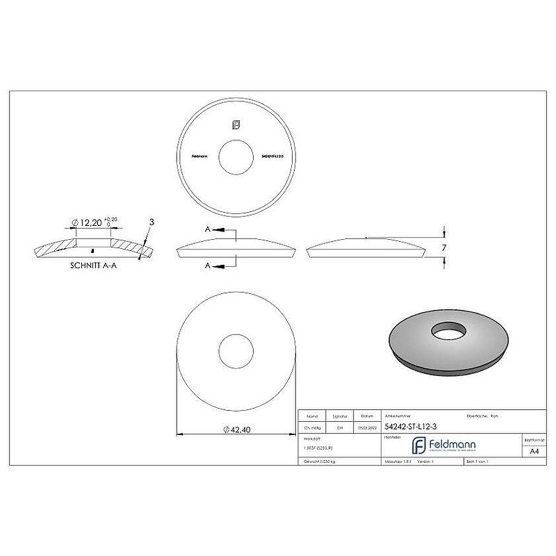 Halbrundschale Ø 42,4mm, Lochung 12,2mm