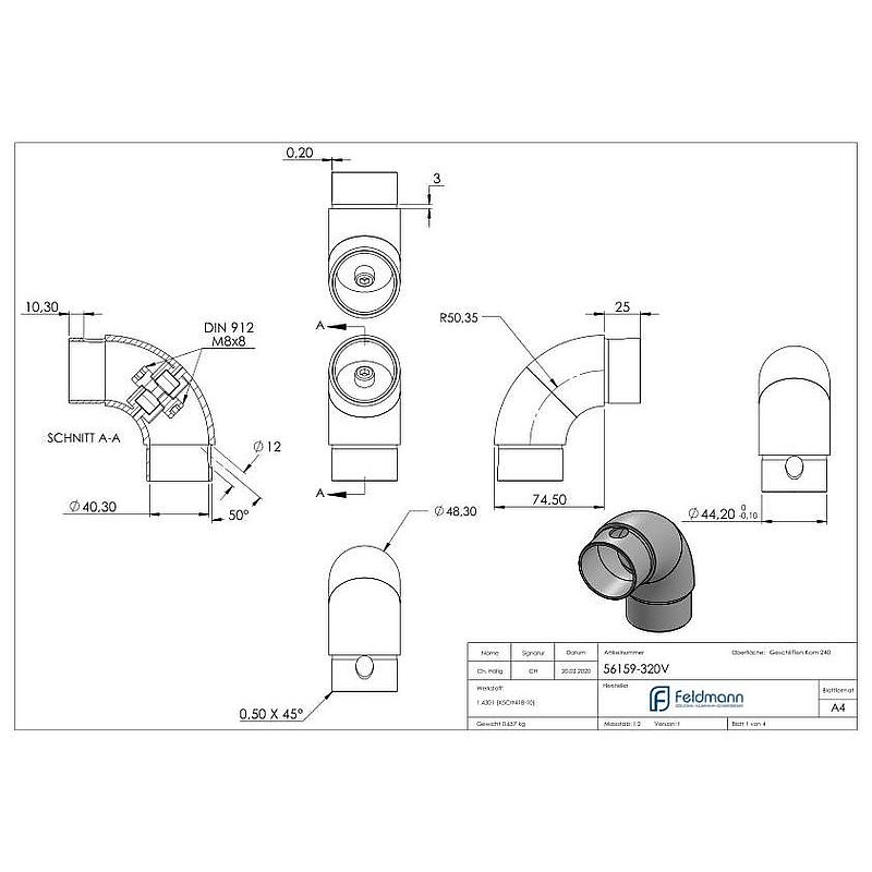 Tube coudé à 90°, réglable, pour tube Ø 48,3x2,0mm, V2A
