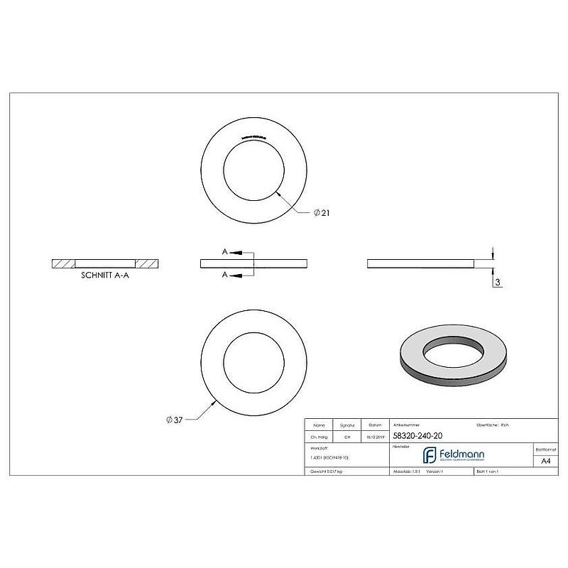 Rondelle plate pour vis M20, DIN 125-1, V2A