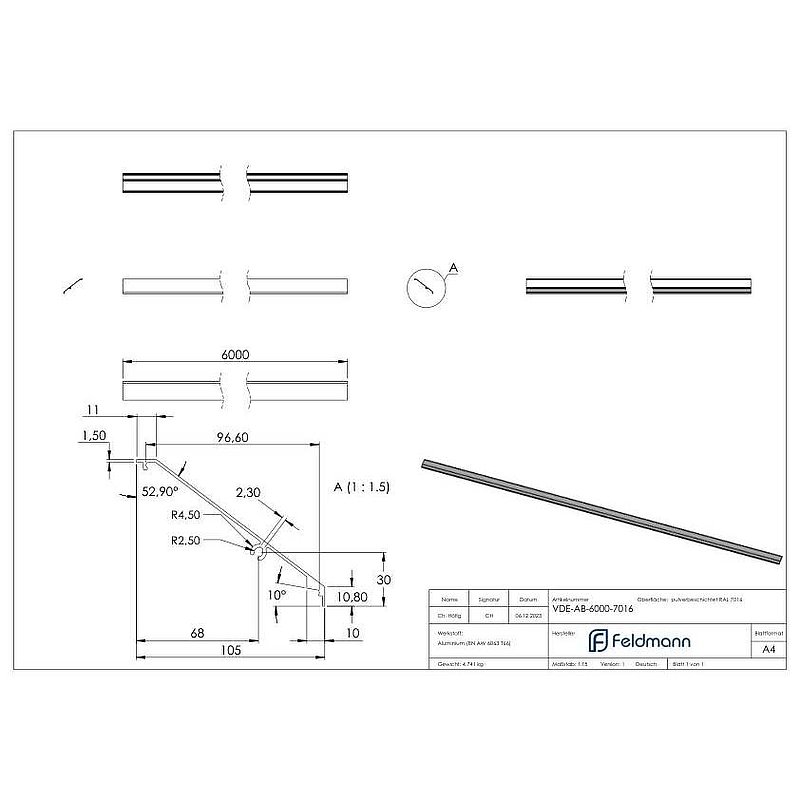 Design-Abdeckung für eleganza canopy, L: 6000mm, RAL 7016