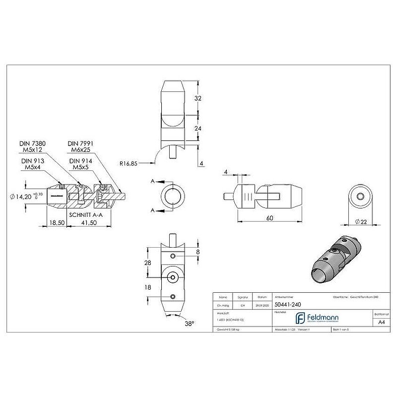 Cross bar holder with joint (for pushing from the front) 33.7 mm tube, 14.2 mm hole, AISI304