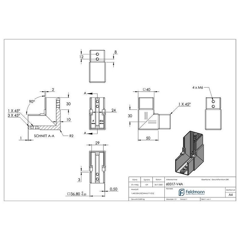 Corner bend, vertical, for 40x40mm grooved tube, AISI316