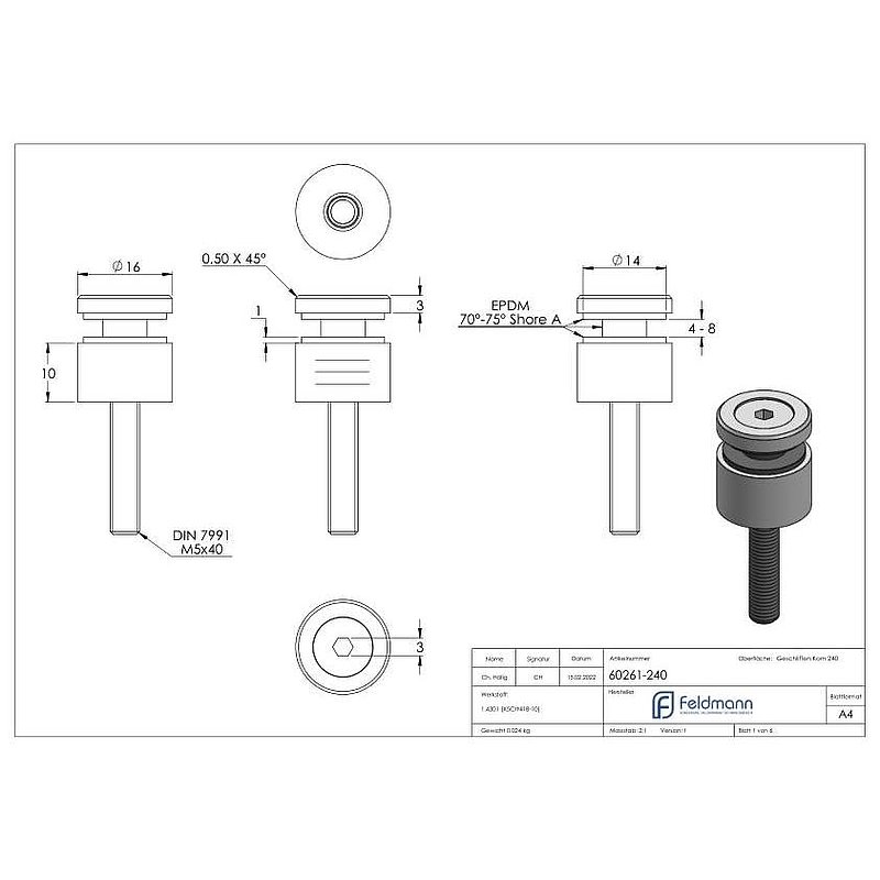 Point de fixation 16mm, jonction: droite, V2A