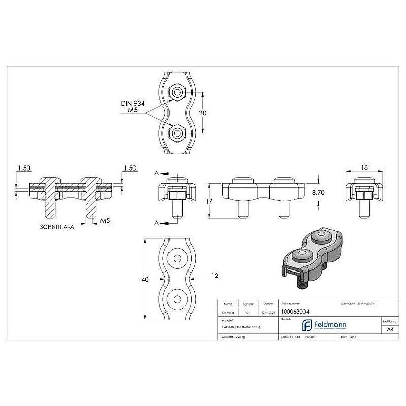 Duplexklemmen für Seil 4mm, V4A