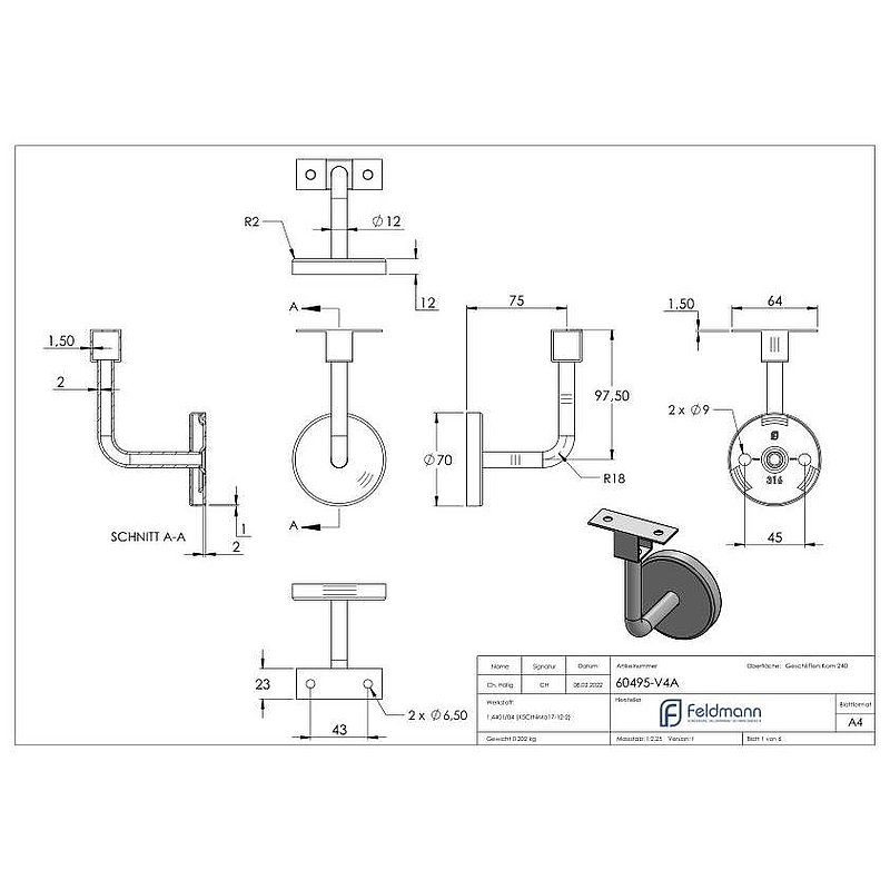Handlaufhalter für LED Handlauf  (Ronde und Bügel verschweißt), V4A