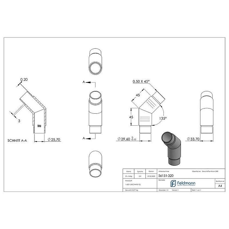 Corner piece 135°, for tube 33.7x2.0mm, AISI304