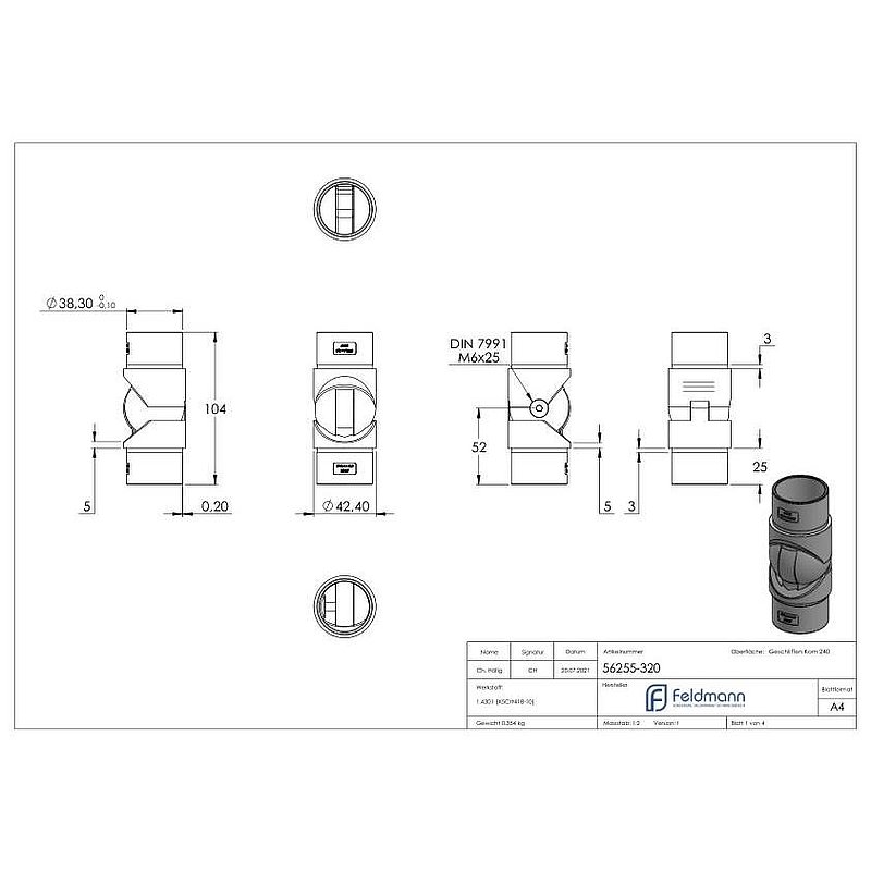 Hollow joint for cable entry, for 42.4x2.0mm conduit, AISI304