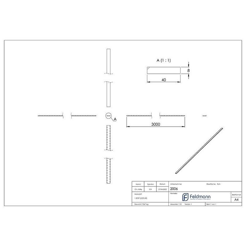Flacheisen S235JR, 40x8mm, L: 3000mm