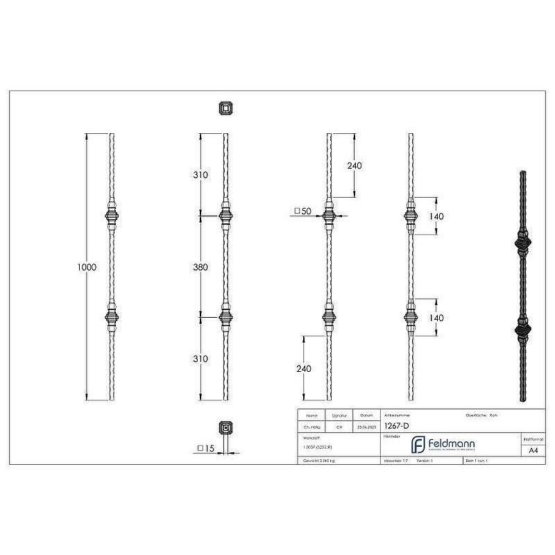 Zierstab 15x15mm, gehämmert, H: 1000mm