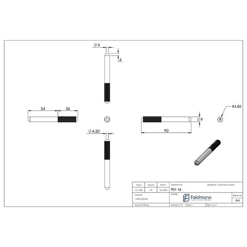 Verbindungsstift für Laufschiene mit Ø 16mm