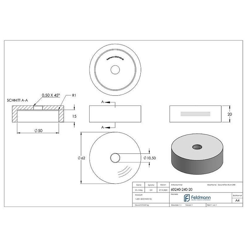 Unterteil für 62mm Glaspunkthalter, t: 20mm, V2A