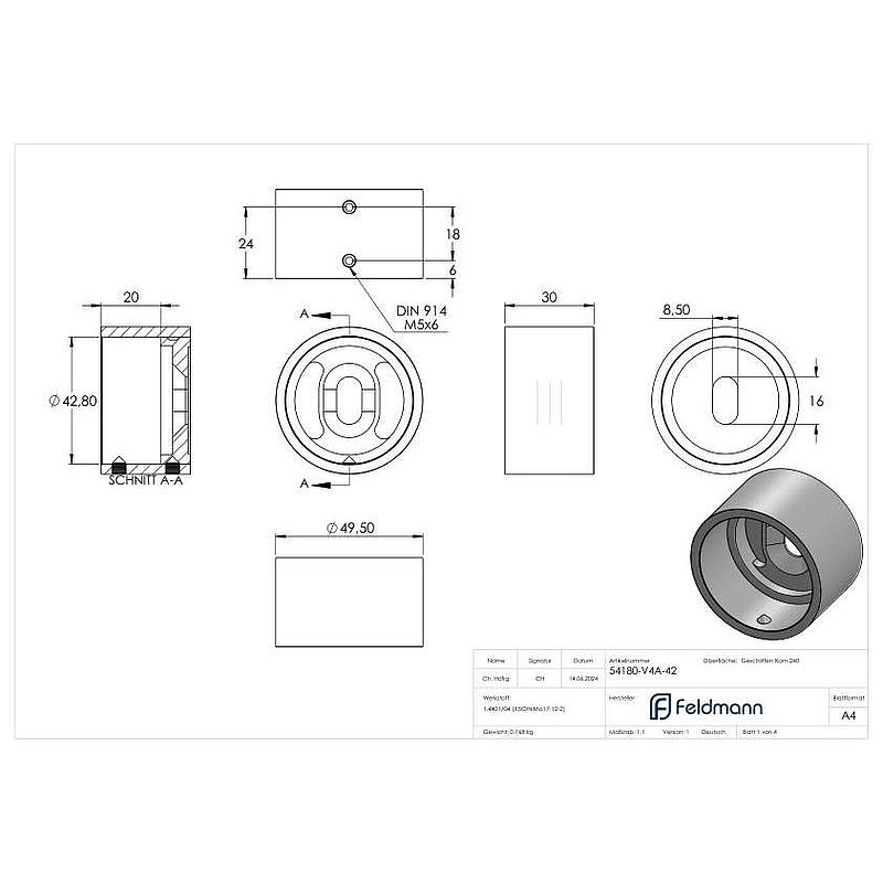 Wandbefestigung für Rohr 42,4mm, V4A