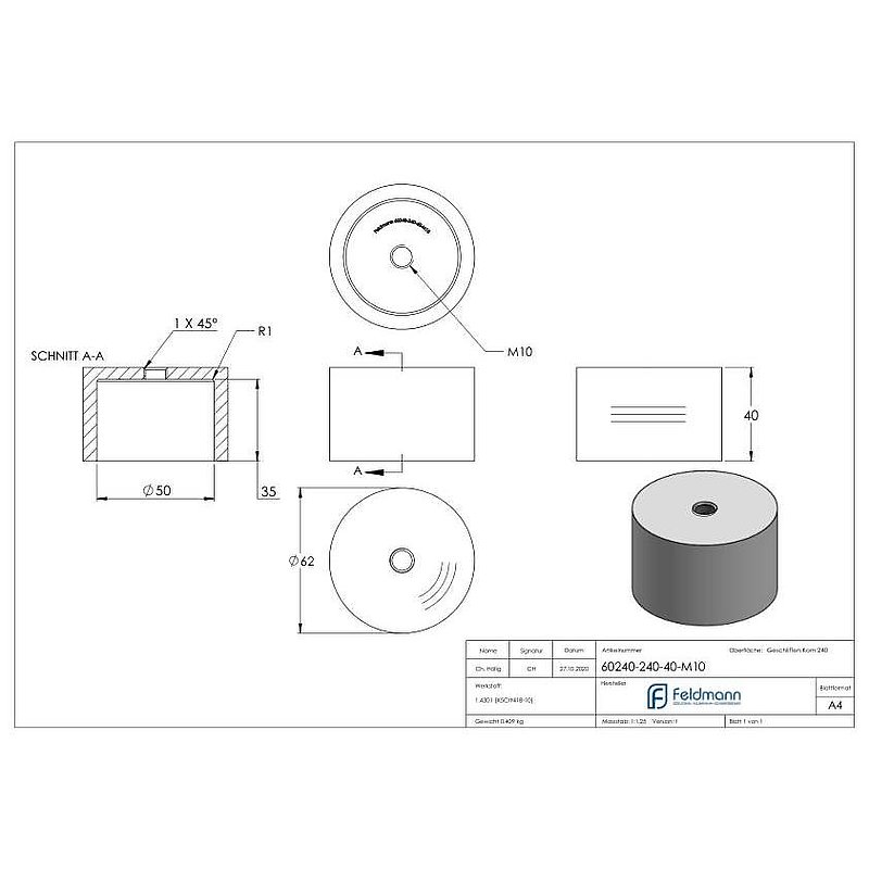 Partie inférieure pour point de fixation 62mm, ép.: 40mm, avec M10, V2A