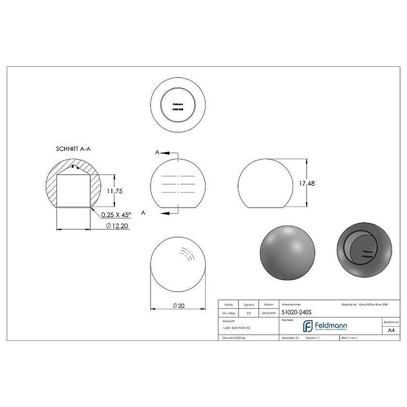 Boule pleine Ø 20mm avec trou borgne Ø 12,2mm, V2A