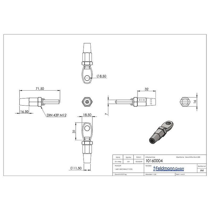 Embout à œil à monter soi-même par un système de serrage pour câble Ø 4mm, V4A