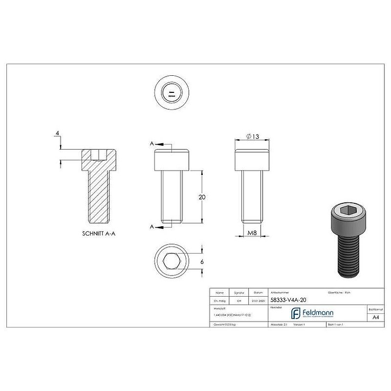 Cylinder head screw M8x20, AISI316, DIN 912