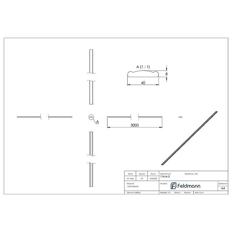 Handlauf 40x8mm, L: 3000mm