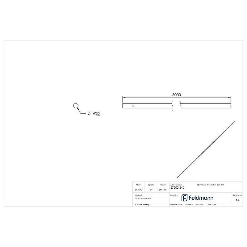 Barre ronde acier inoxydable, Ø 14mm, L: 3000mm, V2A
