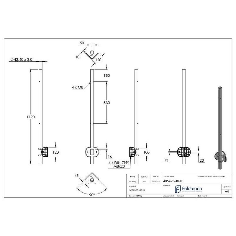 Edelstahlpfosten V2A zur Wandmontage für 90° Inneneck, H: 1190mm