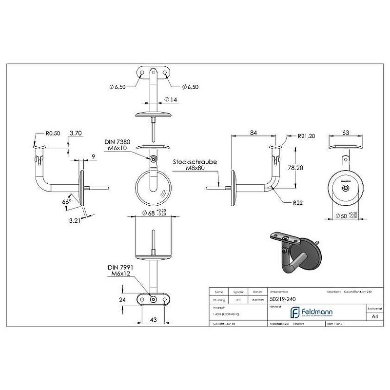 Handlaufhalter mit Gelenk, Handlaufanschlussplatt 42,4mm, V2A