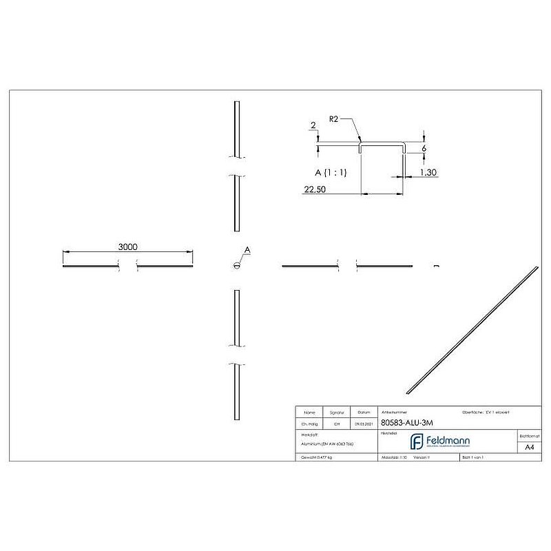 Kantenschutz EXTRA SLIM, für Glas 20,00 - 21,52mm, L: 3000mm, Aluminium E4/EV1