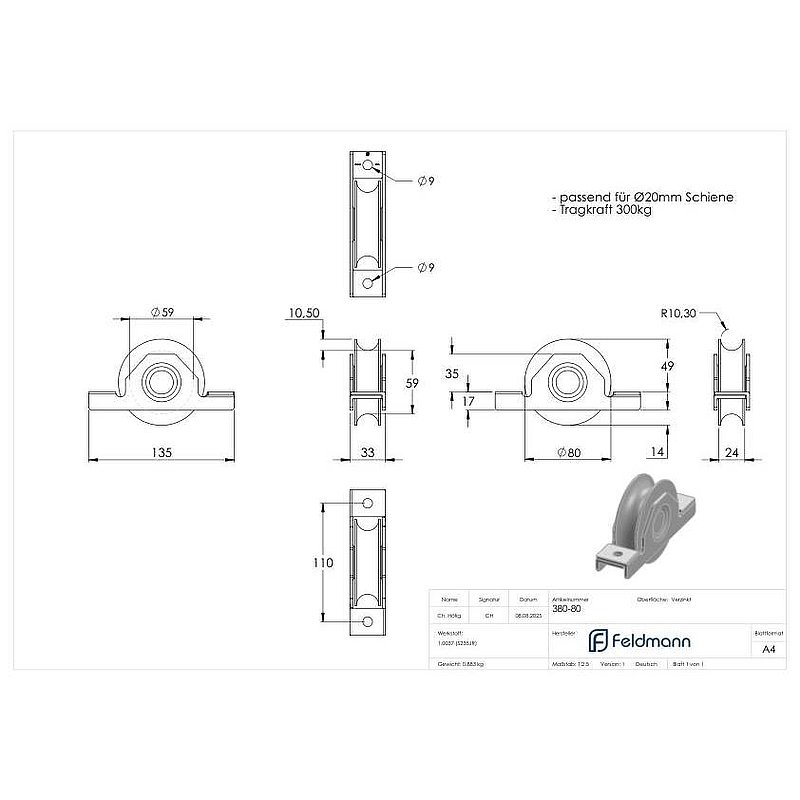 Sliding gate roller with round groove, Ø 80mm, for rail Ø 20mm, 2 ball bearings, galvanised