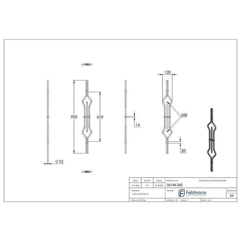 Zierstab, mit 2x Gewinde M6, V2A